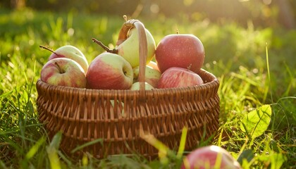 Freshly Picked Apples in Woven Basket on Orchard Grass at Sunset