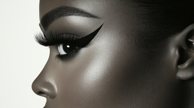 Close-up profile of a woman with striking makeup. Dramatic winged liner and voluminous lashes