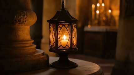 Ornate candle lantern illuminating a sacred space.