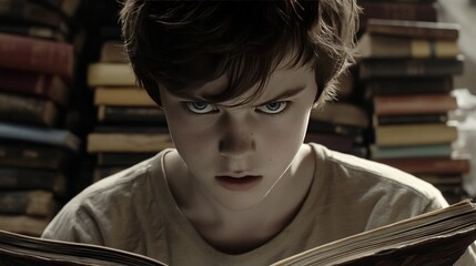 A young boy is reading a book with a serious expression on his face