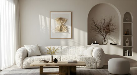 Cozy living room with white sofas and modern decor
