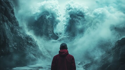 A man stands in front of a mountain with a huge wave of water