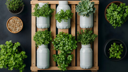 A vertical garden made from a pallet with plants in recycled containers. Perfect for small spaces balconies and patios.