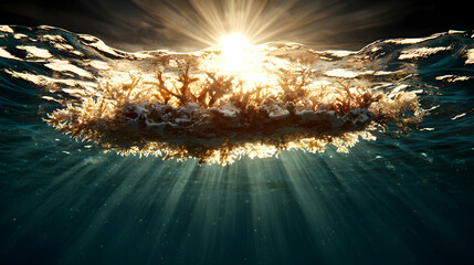 Underwater scene with sun rays filtering through water coral-like formation and water surface. Ideal for nature-themed projects ocean illustrations or background designs.