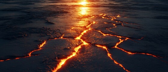 A lava field with a bright orange sun in the background