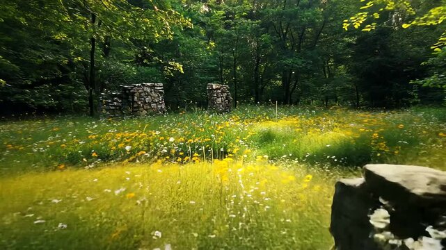Lush green meadow with wildflowers and stone ruins under a bright sun in a serene forest