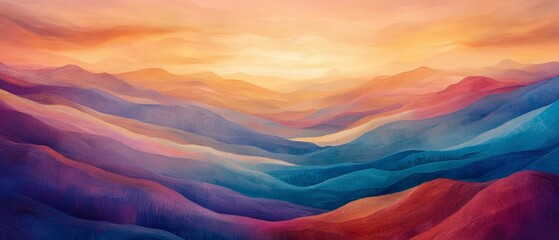 A painting of a mountain range with a bright orange sun in the sky