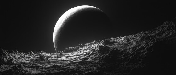 A black and white photo of a moon in the sky above a body of water