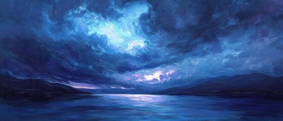 A painting of a stormy night with a large body of water in the foreground