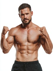 Fototapeta premium Muscular man showing his muscles and biceps on white background 