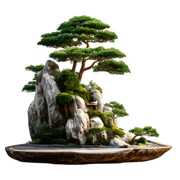 Bonsai rock landscape penjing tray isolated on transparent background