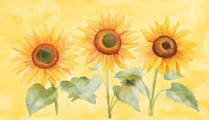 Obraz premium Watercolor Sunflowers on Light Yellow Background