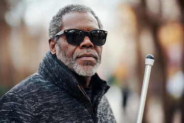 Generative AI Portrait of a Blind Man Walking Outdoors in Autumn with Cane and Sunglasses