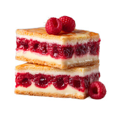 Two delicious raspberry pastries are stacked together and isolated on a white background, creating an appealing dessert presentation with fresh raspberries on top.