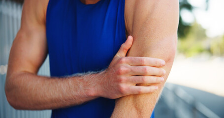 Person, arm pain or fitness injury in city, muscle cramps or tension with exercise mistake....