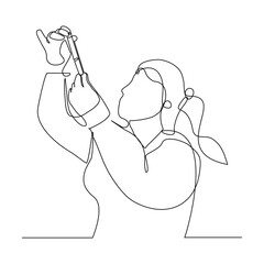 Continuous line sketch drawing of female scientist analyze formula on laboratory tube. One line concept of medical science. Editable stroke vector illustration
