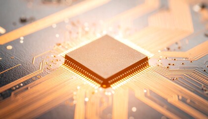 Close up view of a microchip processor on a circuit board glowing with warm light High tech digital technology concept