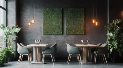 Modern restaurant interior, green wall, tables set