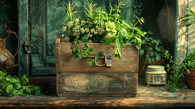 Fresh herbs in a wooden box adorn a rustic kitchen, featuring mint, rosemary, and other green plants on a wooden table