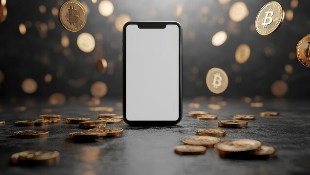 Modern Smartphone With Blank Screen Amidst Cryptocurrency Coins