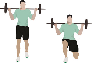 A strong man doing Barbell Lunge to front , Both position together in front of a white background. Flat vector illustration