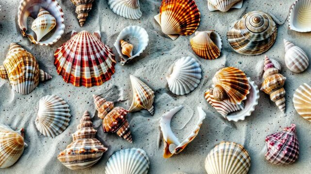 Colorful shells cover the warm sand, showcasing intricate patterns and hues as the sun sets on the tranquil beach