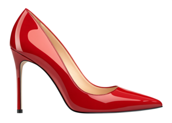 A shiny red patent leather stiletto heel pump shoe isolated on a black background in a studio shot