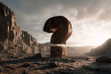 Rusty stone question mark stands on a cube in a rocky desert landscape at sunset, symbolizing uncertainty, mystery, or a quest for answers