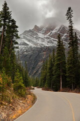 Edith Cavell road leading to the homonymous mount and lake at its foot, sinuous tract with Sorrow...