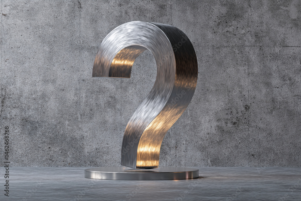 Poster metallic question mark on pedestal against textured wall, showcasing uncertainty or inquiry concept,