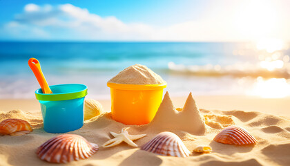 Colorful summer photo of the plastic buckets and seashells promoting family and children vacation on a beach