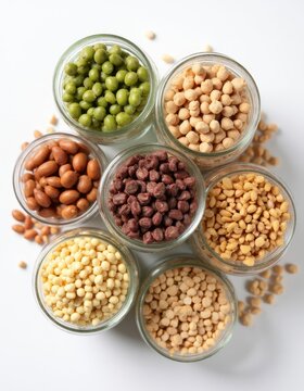 Assorted Legumes and Seeds in Glass Jars