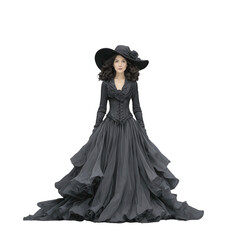 Fototapeta premium A woman in black gothic dress and large hat poses elegantly on a white background.