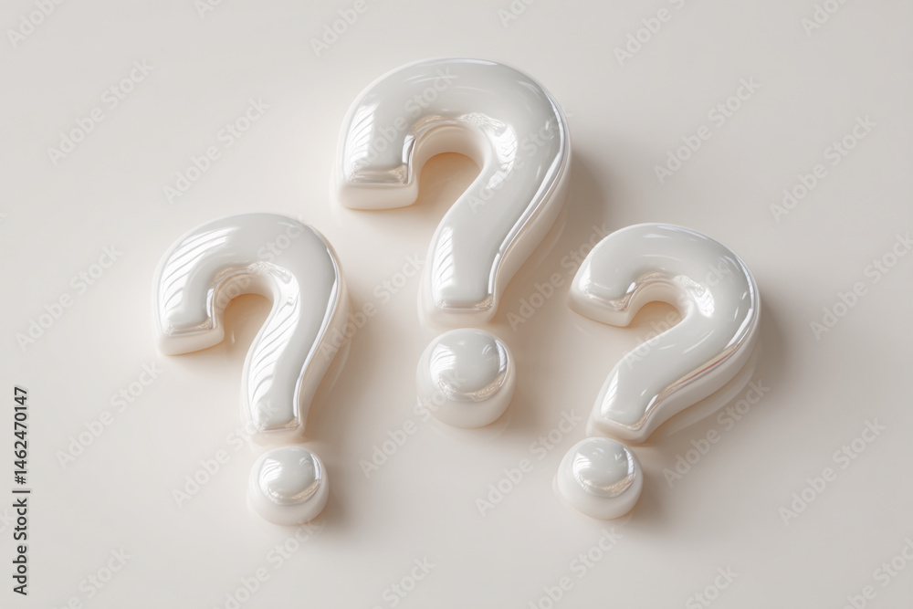 Poster three glossy white question marks on a beige background, showcasing inquiry, uncertainty, or the nee