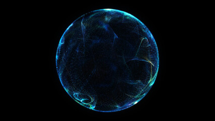 Abstract digital particles flowing on black background. Technology sphere. Abstract concept of artificial intelligence. Big data visualization. 3d rendering.