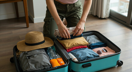 Woman packing folded clothes into open suitcase on floor, preparing for travel. Vacation planning and luggage organization. Travel essentials checklist