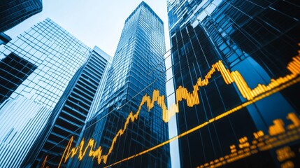 Financial growth represented by stock market graph overlaying modern skyscrapers in a bustling city landscape