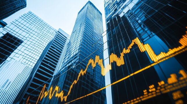 Financial growth represented by stock market graph overlaying modern skyscrapers in a bustling city landscape