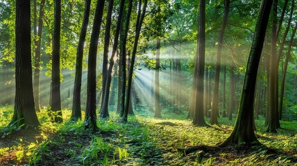 Fototapeta premium Sunbeams pierce the dense forest canopy, illuminating a vibrant