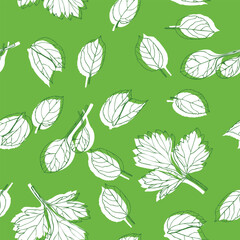 Vector seamless stylish pattern for your spring and summer projects. Silhouettes of flying leaves on a light green background.