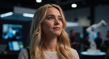 Blonde woman with long wavy hair looking thoughtfully in modern office environment. Professional contemplation for business strategy and career advancement programs