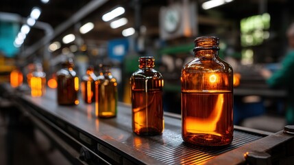 Industrious amber glass bottles on production line in factory