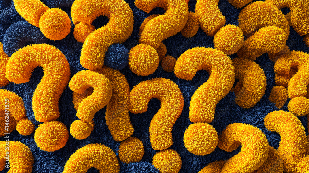 Poster Fuzzy yellow question marks on a dark blue background create a textured, abstract image symbolizing curiosity, inquiry, or problem-solving