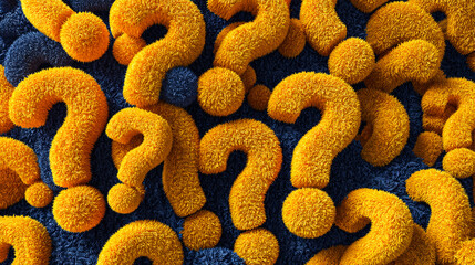 Fuzzy yellow question marks on a dark blue background create a textured, abstract image symbolizing curiosity, inquiry, or problem-solving