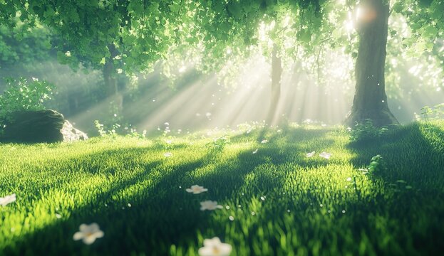Lush forest floor bathed in sunlight