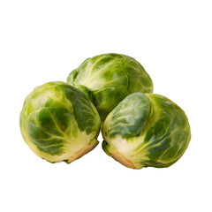 Fototapeta premium Three fresh green brussels sprouts are clustered together against a crisp white background showing their vibrant color and detailed texture perfectly displaying freshness.