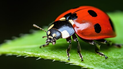 Close-up view of a ladybug on a vibrant leaf.