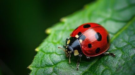 Naklejka premium Close-up of a ladybug on a vibrant green leaf.
