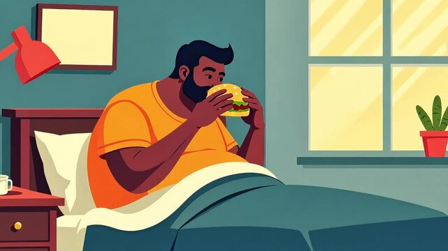 Fat man eating burger at home. Character showing love for fast food, cartoon illustration style. Unhealthy lifestyle concept