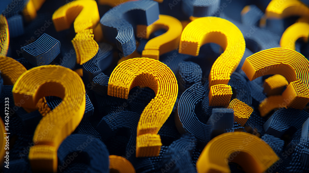 Aufkleber Close-up of textured yellow and blue question marks, creating a dense, abstract background symbolizing uncertainty, inquiry, or problem-solving